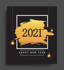 Happy New Year 2021 with glitter isolated on black background, text design gold colored, vector elements for calendar and greeting card.