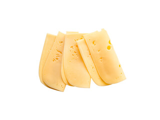 top view close-up of square cheese radamer slices isolated on a white background. Slices of swiss...
