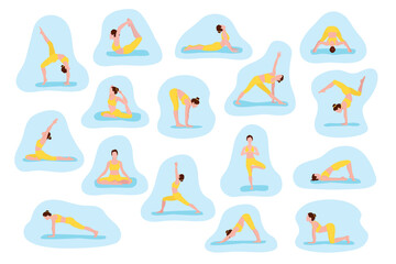 Set of vector illustrations depicting a sporty young woman doing yoga and fitness exercises. A collection of female characters demonstrating various yoga poses against a blue background.