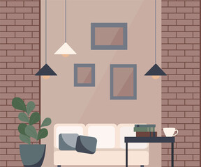 Vector illustration of a living room: brick walls, white sofa, coffee table, metal floor lamp, paintings, books, cup on the table. Modern loft style interior. Brown, black, gray colors indoors