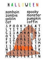 Funny halloween word search puzzle for kids stock vector illustration. Simple educational game with english language game. 