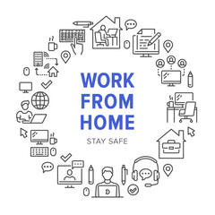 Work from home circle frame poster with line icons. Vector illustration included icon as freelance worker with laptop, workplace, pc monitor, business man outline pictogram for remote job brochure