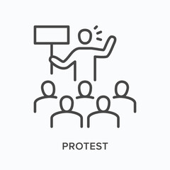 Protest flat line icon. Vector outline illustration of people crowd on demonstration, activist with banner. Strike thin linear pictogram