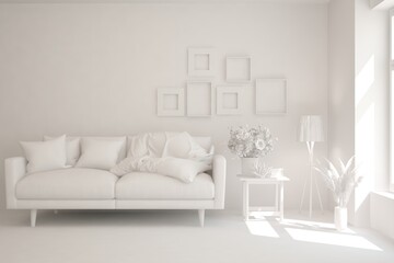 White minimalist living room with sofa. Scandinavian interior design. 3D illustration