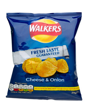 London, England - April 01, 2016: Packet of Walkers Cheese and Onion Crisps, Walkers is a british food company founded in 1948.