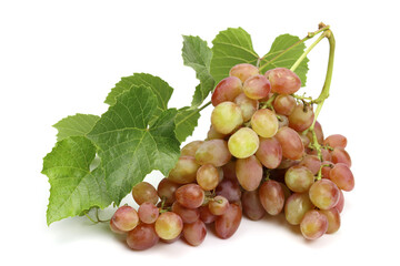 ripe pink grapes with leaves isolated on white