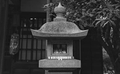 View of Japanese maneki-neko "beckoning cat" figurines placed in and on a stone lantern, at Gotokuji Temple in Tokyo