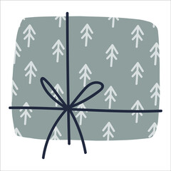 Single design element gift box. Flat style hand drawn illustration for sticker, pattern, planner design, logo, clothes design and other christmas design. Hygge winter illustration.