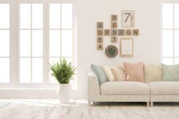 White living room with sofa. Scandinavian interior design. 3D illustration