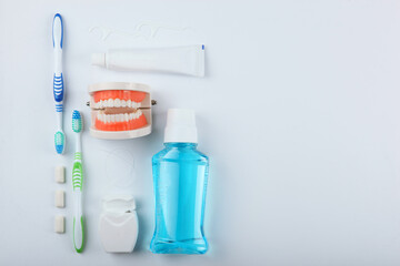 Dental model of teeth and dental care products on light background with place for text