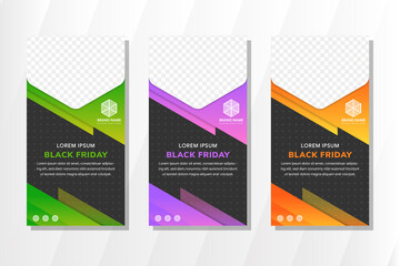 Set of a Black Friday Poster design template use vertical layout. Black background with Transparency of dog pattern. Space for photo collage in half of hexagon.