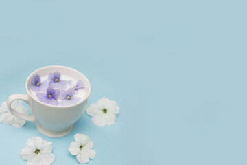 White Cup with vegan milk and flowers on a blue background. The concept of vegetarian drinks and food, herbal teas, beauty and health. Spa salon, copy space