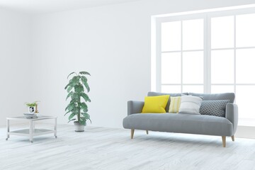 White living room with sofa. Scandinavian interior design. 3D illustration