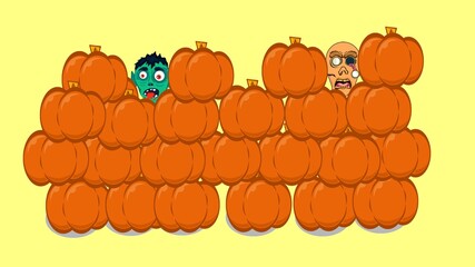 An illustration 3D of Halloween with a wall of pumkins and scary faces