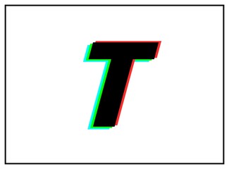T letter logo, vector desing font .Dynamic, split-color, shadow of  number red, green, blue in black frame on white background. Eps10 illustration
