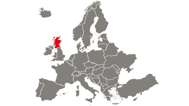 Scotland country blinking red highlighted in map of Europe