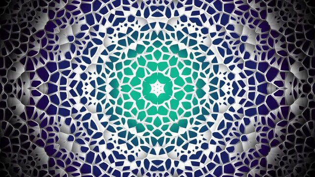 Transforming round mandala pattern. Seamless loop footage. Emboss geometric lattice mandala in arabic style. Islamic geometric arabesque pattern.
