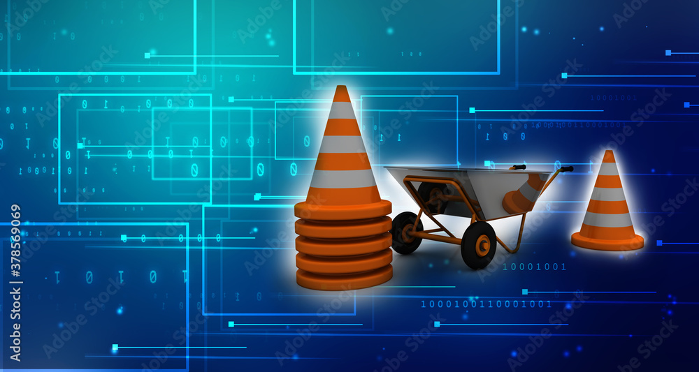 Poster 3d rendering wheelbarrow with traffic cone