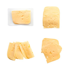 Set of four photos isolated on white. Top view close-up of square cheese radamer slices in a package isolated on a white background. Slices of swiss cheese.Maasdam - Dutch hard cheese with large holes
