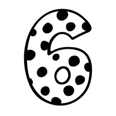 Cute number 6. Hand drown vector six with polka dot. Design for 6 years baby, baby party decor, logo, sticker, greeting card, shirt print. Happy birthday anniversary celebration Template.
