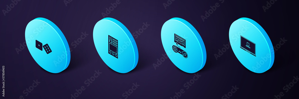 Poster set isometric laptop, game console with joystick, create account screen and dice icon. vector.