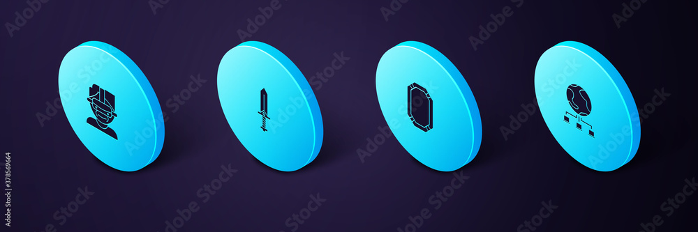 Poster set isometric computer network, poker table, sword for game and virtual reality glasses icon. vector