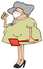 Woman wearing a face mask with a fly on her nose