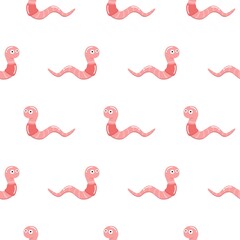 Seamless pattern with pink crazy worms on a white background. Cartoon style.