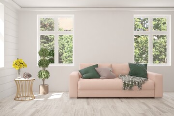 White living room with sofa and summer landscape in window. Scandinavian interior design. 3D illustration