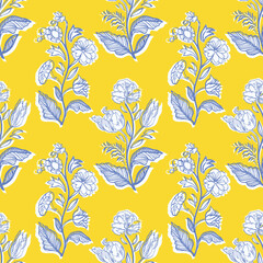 Retro antique floral half drop pattern. Vintage kitchen hand drawn floral bouquet design. Line art florals on cut out shape, vibrant yellow background. Elegant nature background. Perefect for kitchen