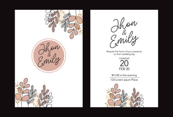 Elegant watercolor wedding invitation card with greenery leaves	