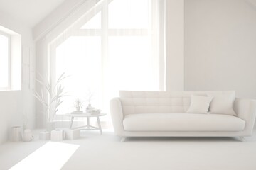 White minimalist living room with sofa. Scandinavian interior design. 3D illustration