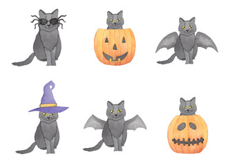 Watercolor Halloween illustration of Pumpkins Faces and black cat