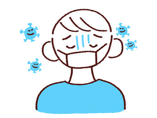 ウイルスで体調不良なマスク姿の若い男性