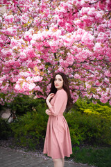 Beautiful young girl under the flowering pink tree