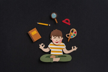 schoolboy sitting in lotus pose with education supplies. Funny paper illustration