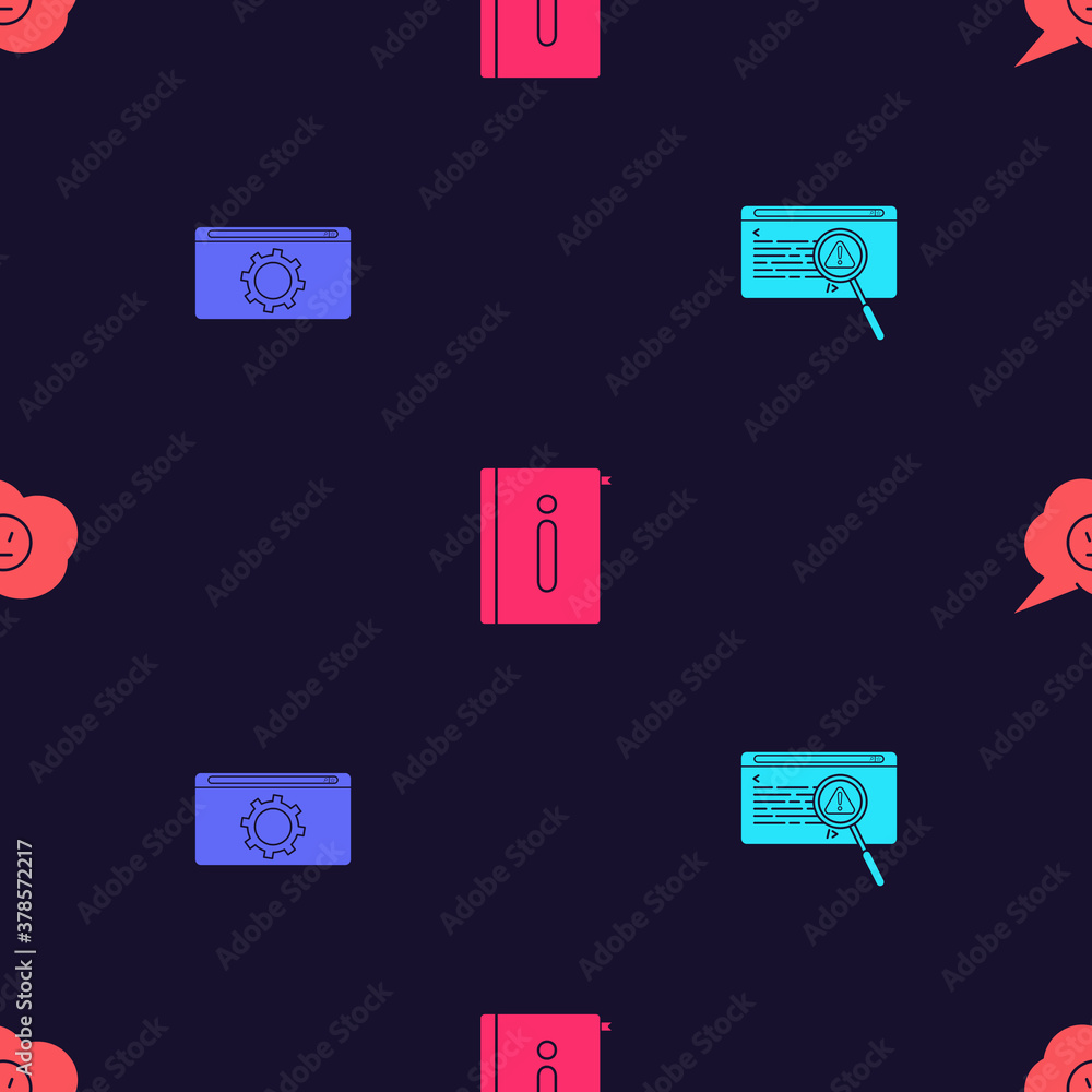 Poster set system bug concept, setting, user manual and speech bubble with angry smile on seamless pattern.