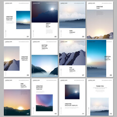 A4 brochure layout of covers templates for flyer leaflet, A4 brochure design, presentation, magazine, book. Fog, sunrise in morning and sunset in evening. Nature landscape backgrounds with mountains.