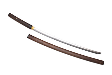 Japanese sword show blade with wooden scabbard isolated in white background. This kind of Japanese sword is called 'Shirasaya'