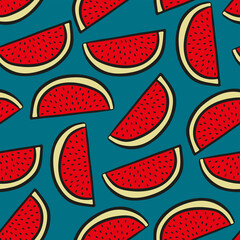 Cute sketch of watermelon slices isolated on blue background. Colorful seamless pattern. Vector flat graphic hand drawn illustration. Texture.