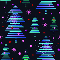 Beautiful stylized green Christmas  trees,  stars and colorful balls on a blue dark background. Seamless Christmas pattern. 