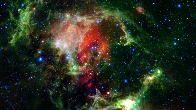 Space travel to the Heart and Soul nebulae in the constellation Cassiopeia. Galaxy Outer Space Exploration with cloud of star field dust and gas in constellation Cassiopeia, near the Heart Nebula. 
