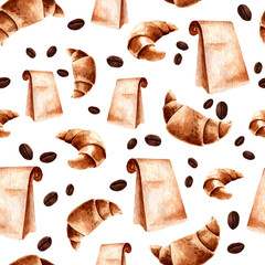 and coffee in beige colors. Craft geometric seamless pattern of croissant and coffee for decoration, decor, handicrafts, printing, prints, stickers, textiles, fabric