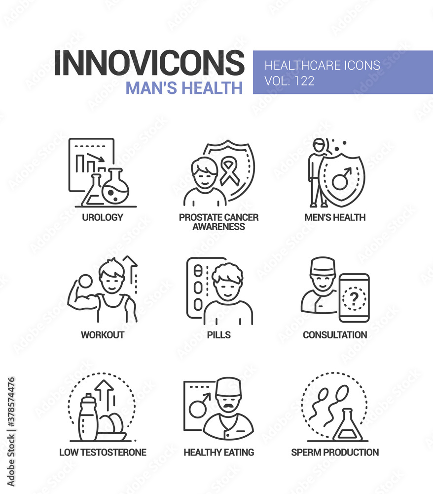 Poster man health - vector line design style icons set