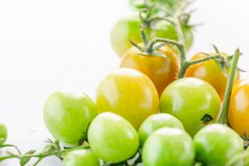 young green tomatoes, cucumbers and peas. Spiced vegetables. on white background.