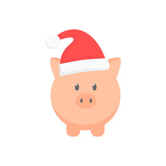 Cartoon pig with Santa hat vector illustration. Cute pink pig character. Merry Christmas concept.