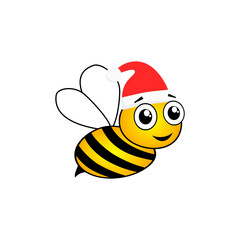 Cartoon happy festive bee mascot character illustration. Cute bee with Santa hat vector isolated on white. Merry Christmas concept.