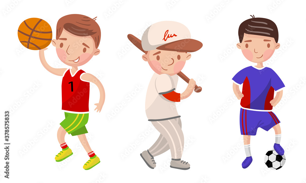 Wall mural boy character in sports uniform playing football and basketball vector illustration set