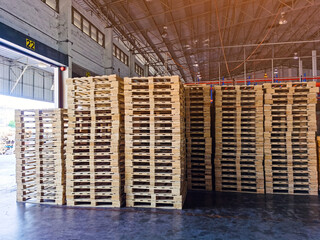 Wooden pallets stack in warehouse cargo storage, shipment in logistics and transportation industrial, wood pallets heap, delivery service