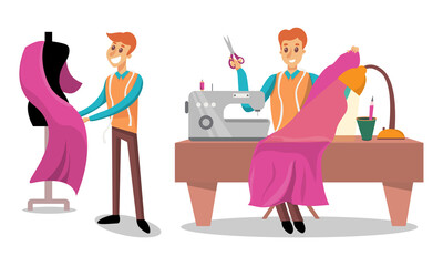 Man Dressmaker or Tailor Working in Atelier Sewing on Machine Vector Illustration Set